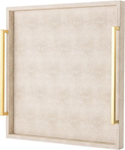 Square Shagreen Leather Decorative Tray with Gold Handles - Lot 477
