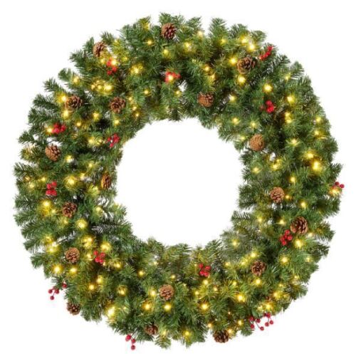 48" Pre-Lit Artificial Christmas Wreath w/Berries & Pinecones, Lights - Lot 525