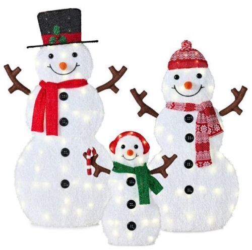 2D Lighted Snowman Family Set Outdoor Yard Decor w/ Twinkling LED Lights - Lot 529