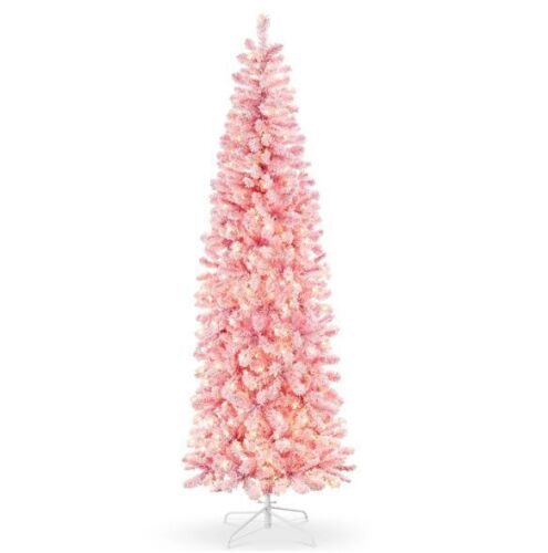7.5' Pre-Lit Snow Flocked Pink Artificial Pencil Christmas Tree - Lot 625