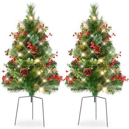 Set of 2 Pre-Lit Pathway Christmas Trees w/ Pine Cones, Timer - 24.5in - Lot 731