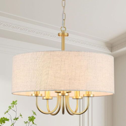 5 Light White Drum Light Fixture with Linen Shade, 19" - Lot 383