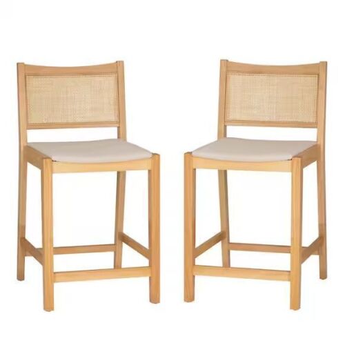 Linon Home Decor Lewis 25.25 in. Natural Cane Low Back Wood Counter Stool with Fabric Seat Set of 2 - Lot 63JF