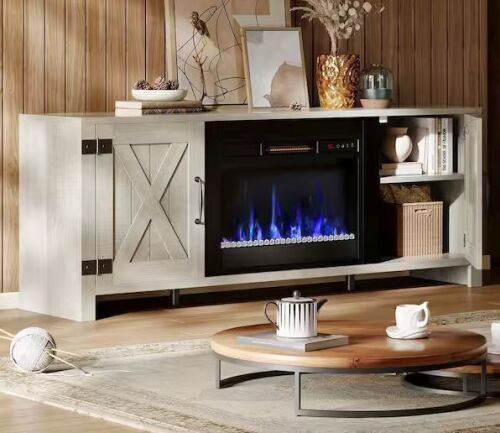 Bestier Farmhouse 63in Freestanding Electric Fireplace TV Stand Fits TVs up to 70 in. with Storage Cabinet in Wash Grey - Lot 17JF