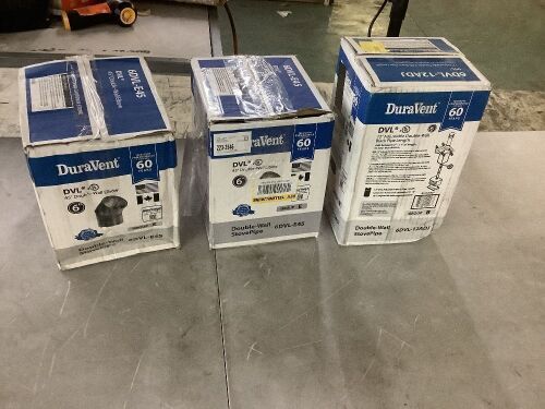 Lot of (2) DuraVent Model DVL Double Wall Stove Pipe 6in. Diameter 45° Double Wall Elbow & (1) DVL Double Wall Stove Pipe 6in. Diameter x 2in. to 10in. Adjustable Stove Pipe Length - Lot 902JF