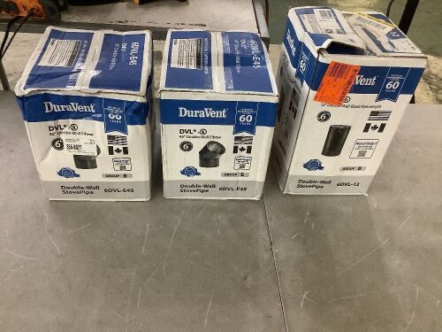 Lot of (2) DuraVent Model DVL Double Wall Stove Pipe 6in. Diameter 45° Double Wall Elbow & (1) DVL Double Wall Stove Pipe 6in. Diameter X 12in. Double Wall Stove Pipe Length - Lot 918JF