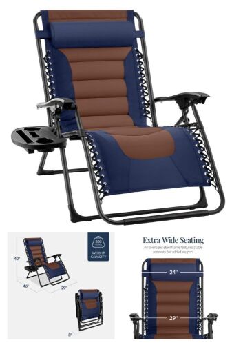 Oversized Padded Zero Gravity Chair, Folding Recliner w/ Headrest, Side Tray - Lot 362