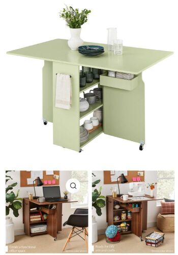 Multipurpose Folding Table w/ Wheels, 3 Storage Shelves, Cubby, Handle - Lot 375