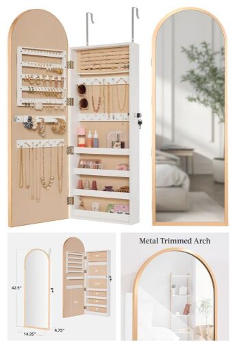 Door/Wall Mounted Arch Mirror Jewelry Armoire, w/ Metal Frame, Built-In Lock - Lot 393