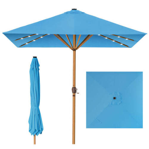Square Solar LED Lighted Patio Umbrella w/ Woodgrain Pattern - 9ft - Lot 3688