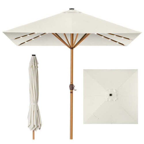 Square Solar LED Lighted Patio Umbrella w/ Woodgrain Pattern - 9ft - Lot 3698