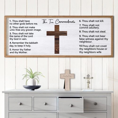 Ten Commandments Rustic Bible Verse Framed Wall Art, Natural Religious Christian Slogan Representing God Jesus Christ Prayer Vintage Holy Inspirational Catholic Scripture Decor - Lot 3911