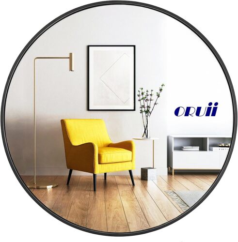 Oruii Round Mirror, Black Round Mirror 24 inch, Circle Wall Mirrors Metal Frame, Circular Mirrors for Wall, Living Room, Bathroom, Vanity, Entryway, Hallway - Lot 3976