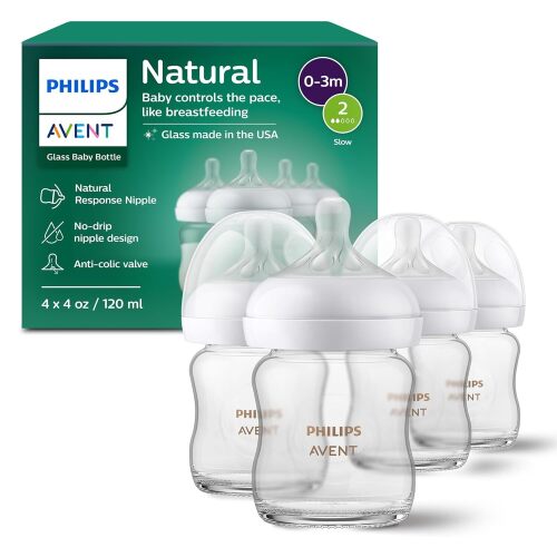Philips Avent Natural Glass Baby Bottles with Natural Response Nipples (Slow Flow, Flow 2), 4oz, 4-Pack - Lot 3984
