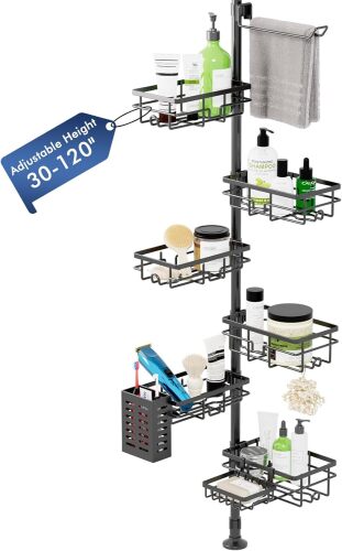 Shower Caddy Organizer Tension Pole, Rustproof 6-Pack Corner Shelf with 30-120 Inch Adjustable Shower Rack for Inside Shower, Extra Towel Bar & Soap Dish for Bathroom Organizers and Storage, Black - Lot 4007