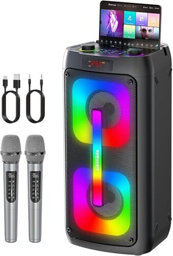 Karaoke Machine & Portable PA System with 2 Wireless Microphones, Bluetooth Speaker, LED Lights, Bluetooth 5.3 & TWS Stereo, Supports Type-C/USB/TF/AUX for Home Party and Outdoor Gatherings - Lot 4021