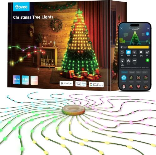 Govee Christmas Tree Lights, Smart RGBIC 480 LEDs Christmas Lights, 6.6ft × 24 String Lights for Holiday Decorations, Music Sync, Voice and APP Control, 60+ Scene Modes, Green Wire, Adapter - Lot 4025