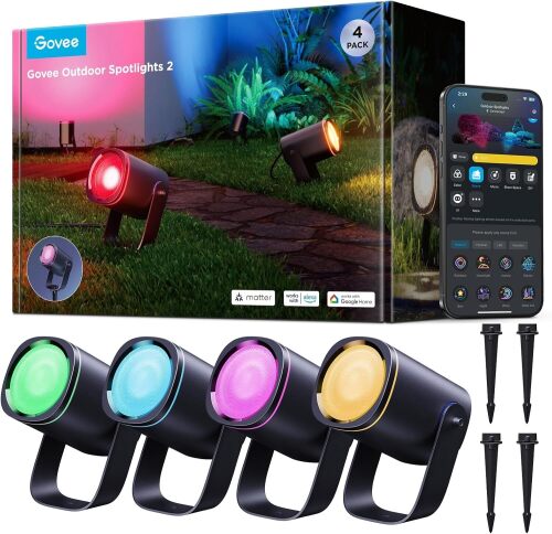Govee Outdoor Spot Lights 2, IP67 Waterproof Spotlights, Landscape Lights Work with Matter, Alexa, and Google Assistant, RGBWIC Color Changing Light for Outdoor Decor, Patio Decorations, 4 Pack - Lot 4030