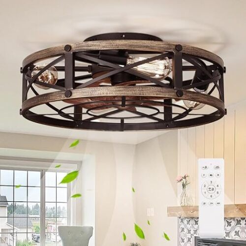 SHLUCE 19" Farmhouse Flush Mount Caged Ceiling Fans with Lights, 6 Speeds, Rustic Low Profile Ceiling Fan with Light and Remote, Small Bladeless Ceiling Fans with Lights for Kitchen, Bedroom - ETL - Lot 4042