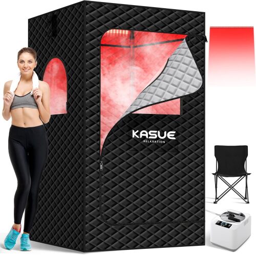 KASUE Infrared Sauna Box, Portable Steam Sauna with 3L Steamer, 5-Layer Waterproof, Thermal Insulation, Folding Chair, for Home Spa, Indoor & Outdoor(Black) - Lot 4051