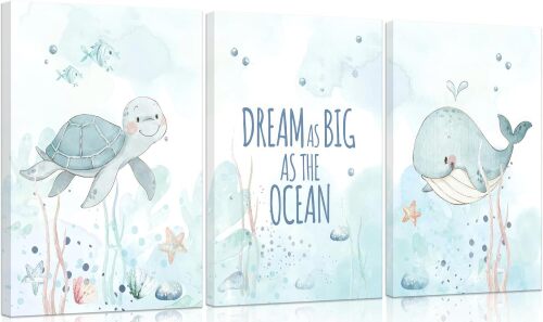 Ocean Nursery Canvas Wall Art Sea Turtle Whale Animal Painting Picture Wall Decor Sea Kids Room Poster Print Artwork for Baby Boys Girl Children's Room Bedroom Home Decoration - Lot 4052