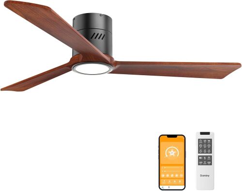 DAMINY Natural Solid Wood 52 inch Ceiling Fan with Light,3 Blades,6CCT,Black Low Profile Ceiling Fan with Light and Remote Control,APP Control,Flush Mount - Lot 4056