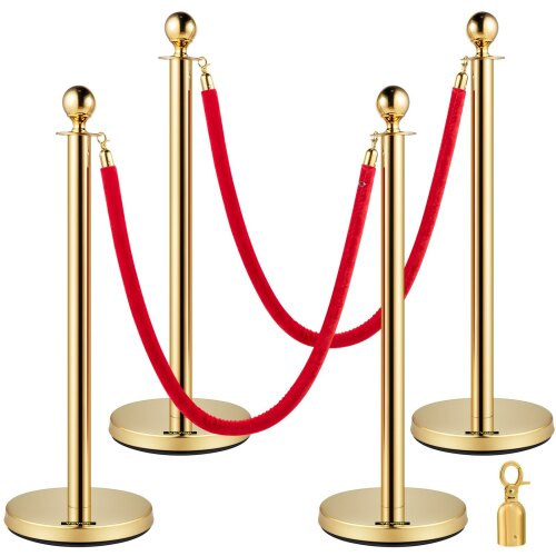VEVOR Crowd Control Stanchion, Set of 4 Pieces Stanchion Set, Stanchion Set with 5 ft/1.5 m Red Velvet Rope, Crowd Control Barrier - Lot 4066