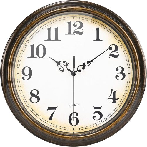 Yoiolclc Wall Clock Battery Operated Silent Non-Ticking Vintage Wall Clocks for Kitchen, School, Living Room (12Inch, Bronze) - Lot 4082