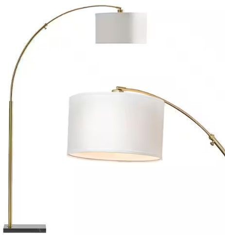 Logan 76 in. Antique Brass Modern 1-Light Adjustable and Extendable LED Floor Lamp with White Fabric Drum Shade - Lot 4091