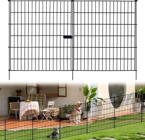 Sumloty 6 Panels Garden Fence Fencing for Yard,32 in(H) X 14 ft(L) with Gate Lock Outdoor Fence Animal Barrier Fencing Rustproof Metal Fence Panels for Dog and Rabbit - Lot 4028