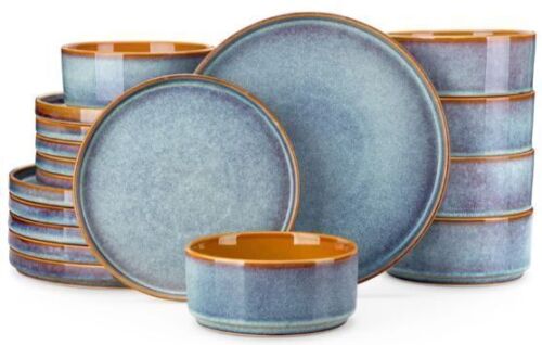 vancasso ONION Ceramic Plates and Bowls Sets, 18 Pieces Blue Dinnerware Sets for Kitchen, Reactive Glaze Dishes Set for 6, Dishwasher and Microwave Safe - Lot 4038