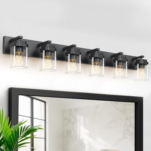 LKHF Bathroom Lighting Fixtures Over Mirror, Square Design & Rectangle Large Backplate, 6 Lights Morden Vanity Lighting Fixtures, Black Bathroom Light Fixtures for Bathroom/Living Room/Bedroom - Lot 4093