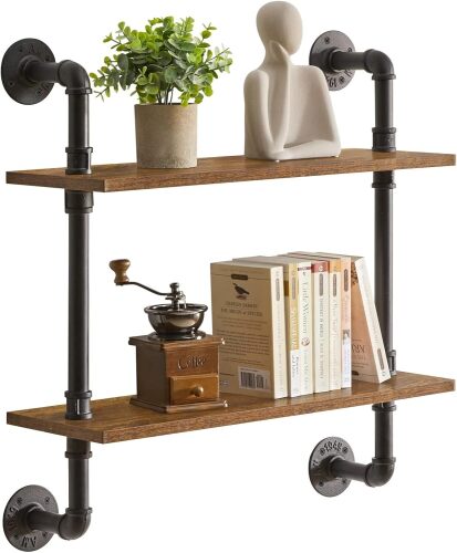 YMYNY Industrial Pipe Shelf Bracket, 2 Tiers Retro Wall Mounted Floating Shelf, Wood DIY Bookshelf, Storage Shelves for Living Room, Bedroom, 24" Farmhouse Bathroom Shelving - Lot 4029