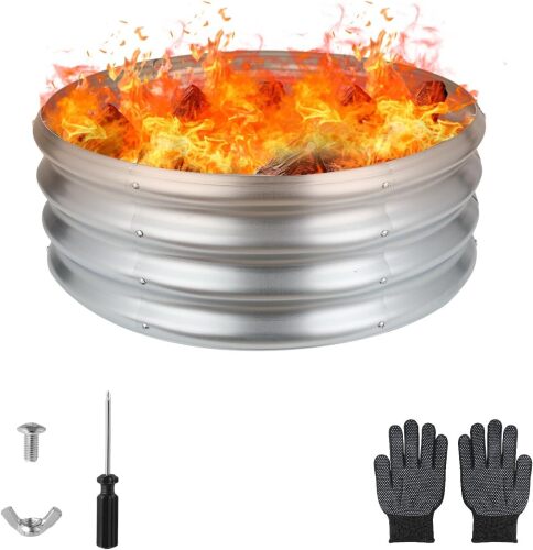 Raynesys 24 Inch Round Galvanized Fire Pit Ring, Silver Round Galvanized Fire Ring, 2 Feet Diameter Fire Pit, Outdoor Pits for Backyard, Camping, Bonfire - Lot 4009