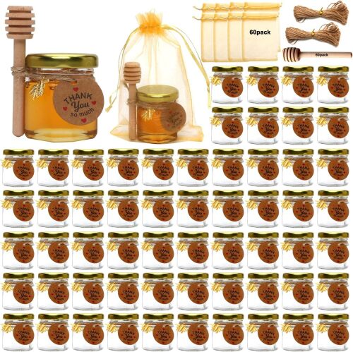 XING-RUIYANG 60 PACK 1.5 oz Mini Glass Honey Jar, Small Hexagonal Honey Jars with Wooden Dipper Gold Lid Bee Charms Gold Gift Bags and Rope for Baby Shower Wedding Party Favors - Lot 4049