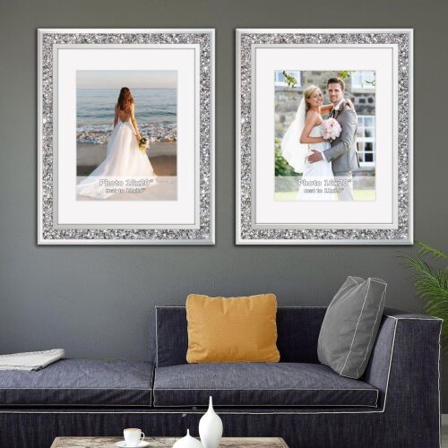 ALLartonly Big Mirror Photo Frame 16x20inch Mat To 11x14inch Crushed Diamond Bling Sparkle Home Decor , 2 Pack Crystal Silver Glass Wedding Picture Poster Wall Frame - Lot 4069