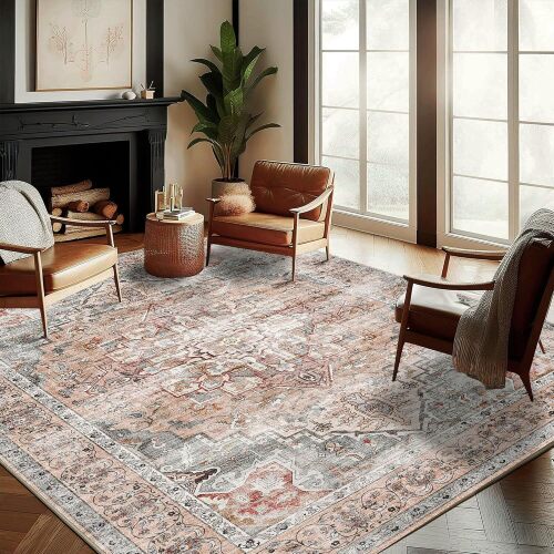 CHAMPLANT Washable Area Rug, Retro Flowers Boho Design Non-Shedding Easy Care Ideal for High Traffic Areas in Living Room Bedroom Office Kitchen Large Carpet - Lot 4172