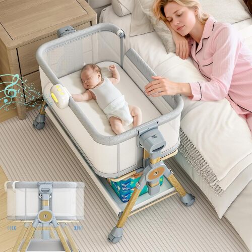 3 in 1 Baby Bassinet Bedside Sleeper, Rocking Bassinet for Baby with Wheels, Music Night Light, Storage Basket, Mattress, Adjustable Height, Portable Rocking Bedside Sleeper for Newborn Infant - Lot 4125