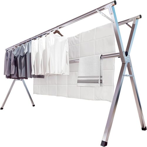 JAUREE Clothes Drying Rack, Drying Rack Clothing Folding Indoor Outdoor, Heavy Duty Stainless Steel Laundry Rack, Foldable Portable Large Clothes Rack Garment Rack with Windproof Hooks - Lot 4179