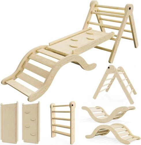 bbgroundgrm Pikler Triangle Set Climber 5 in 1, Toddler Climbing Toys Indoor Folding with Ramp & Arch for Montessori Play Gym for Toddlers and Kids - Lot 4197