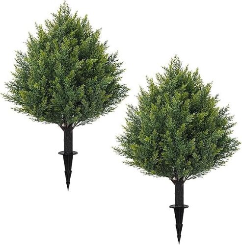 24.8" Artificial Cedar Topiary Ball Trees with Ground Spike, Set of 2 Faux Cypress Plants UV Resistant Artificial Pine Shrubs Fake Bushes for Outdoor Indoor Front Porch Garden - Lot 4103