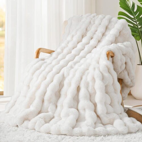 Luxury 1000GSM Faux Rabbit Fur Throw Blanket, Super Heavy Warm Cozy Blankets for Couch Bed Sofa, Bubble Plush Fuzzy Elegant Soft Reversible Mink Blanket for Living Room Bedroom - Lot 4175