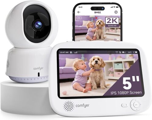 Hybrid Video No WiFi & Smart WiFi Baby Monitor - 5" 1080P Split Screen & 2K Camera App Control, Motion Alerts, Sound Detection, HD Night Vision, 5050mAh Battery,Triple Security, 1600ft Range - Lot 4193