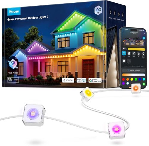 Govee Permanent Outdoor Lights 2, 100ft RGBIC Outdoor Lights with 72 LED Lights, IP67 Waterproof, 100 Scene Modes with 40lm White for Outdoor Decorations, Works with Alexa, Google Assistant, White - Lot 4122