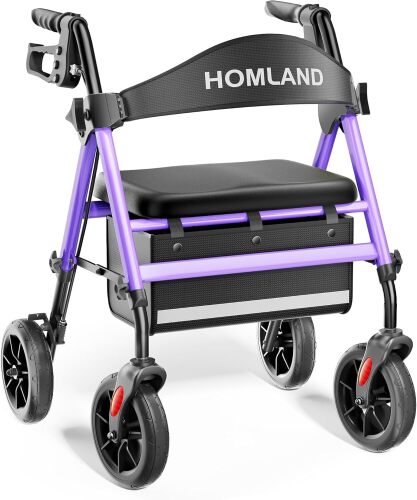 HOMLAND Rollator Walkers for Seniors with Seat, 8" All Terrain Wheels, Durable Aluminum Frame, Lightweight Foldable Walker with Ergonomic Seat, Height Adjustable Rolling Walker - Lot 4140