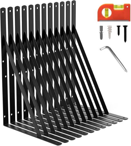 12-Pack 18 Inch Heavy Duty Shelf Brackets, Large Floating Wall Bracket for Garage Storage Shelves, Black Powder-Coated Finish, Load Capacity 800lbs - Lot 4218