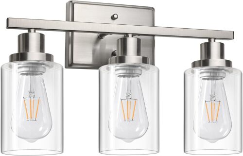 Ascher Bathroom Vanity Light Fixtures, 3 Light Wall Sconces Lighting with Clear Glass Shade, Brushed Nickel Wall Lights for Mirror, Kitchen, Living Room, Gallery, E26 Base (Bulbs Not Included) - Lot 4224