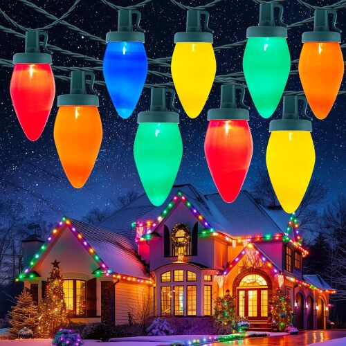 C9 Christmas Lights Outdoor, 100Feet Vintage Christmas String Lights with 100 Colored Bulbs, Connectable Waterproof Lights for Holiday Party Roofline Backyard Garden Patio, Green Wire - Lot 4254
