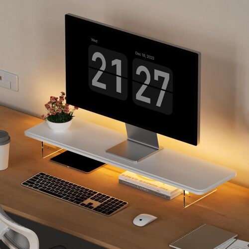 AFOOYO Monitor Stand Riser,31.5-Inch LED Light Wood Computer Monitor Stand with Adjustable Acrylic Legs,Desk Accessories Desktop Organizer Stand for, Computer,Laptop,Printer,PC TV Screen Riser,White - Lot 4266