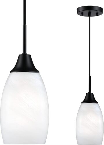 Viinew Mini Glass Pendant Light,1-Light Handblown White Oval Art Glass Hanging Pendant Light for Kitchen Island,Dining Room,Living,Foyer,Hallway, Entry Matte Black Metal - Lot 4231